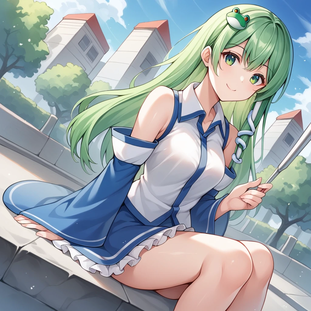 score_9, score_8_superior, score_7_superior, score_6_superior, score_5_superior, score_4_superior, sauce_anime, evaluation_Safety, Break Sanae Kochiya, One girl, Green Hair, Long Hair, Green Eyes, Frog hair ornament, Hair Tube, Snake hair ornament, Collared shirt, White shirt, Removable sleeves, Wide sleeves, Blue Skirt, Frilled Skirt, smile, Dutch Angle, View your viewers, In-person audience, rock, Sitting,Streetscape, summer leaves, summer
