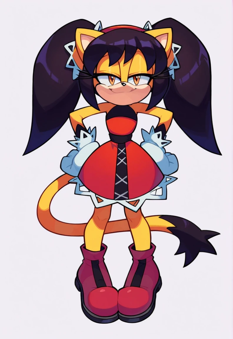 score_9, score_8_up, 2D, flat color, a plain white background with nothing in it, looking at viewer, 1girl, very detailed, extremely detailed, honey the cat from the sonic the hedgehog series, standing, full body, wide hips, narrow waist, curvy, (red bikini), frilly hair ties, smile, half-closed eyes, smug smile, bent over, paw feet