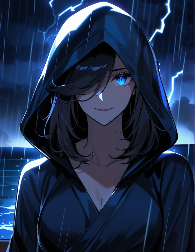 Mysterious Greek milf woman, wearing hoods in a long black tunic, short black hair, long blue eyes,
with his face covered leaving only his malicious smile, on a rainy night with storms and lightning, with the dark ocean in the background