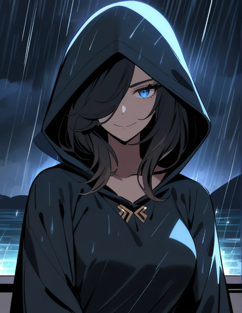 Mysterious Greek milf woman, wearing hoods in a long black tunic, short black hair, long blue eyes, 
with his face covered leaving only his malicious smile, on a rainy night with storms and lightning, with the dark ocean in the background
