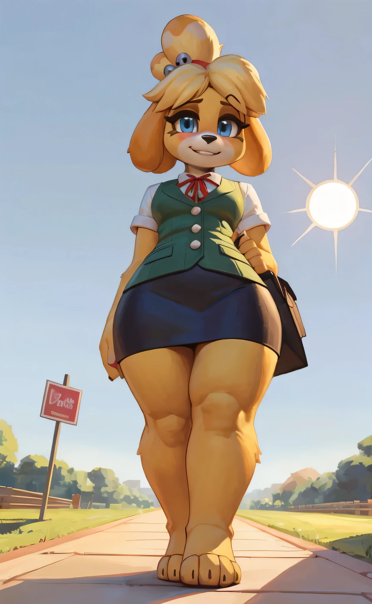 [isaCrossing], [Isabelle], [Animal Crossing], [Uploaded to e621.net; (Pixelsketcher), (wamudraws)], ((masterpiece)), ((HD)), ((high res)), ((solo portrait)), ((full body)), ((feet visible)), ((low angle view)), ((furry; anthro)), ((detailed fur)), ((detailed shading)), ((beautiful render art)), {anthro; (slim figure), yellow fur, black nose, (cute blue eyes), (blonde hair), (bells in hair), topknot, fluffy tail, (curvy hips), (beautiful legs), (blushing), (cute smile)}, {(red ribbon in hair), (short green vest), (navy blue pencil skirt)}, {(standing), (nervous demeanor), (looking at viewer)}, [background; (park), (grass plains), (beaten path), (blue sky), (sun rays), (ambient lighting)]