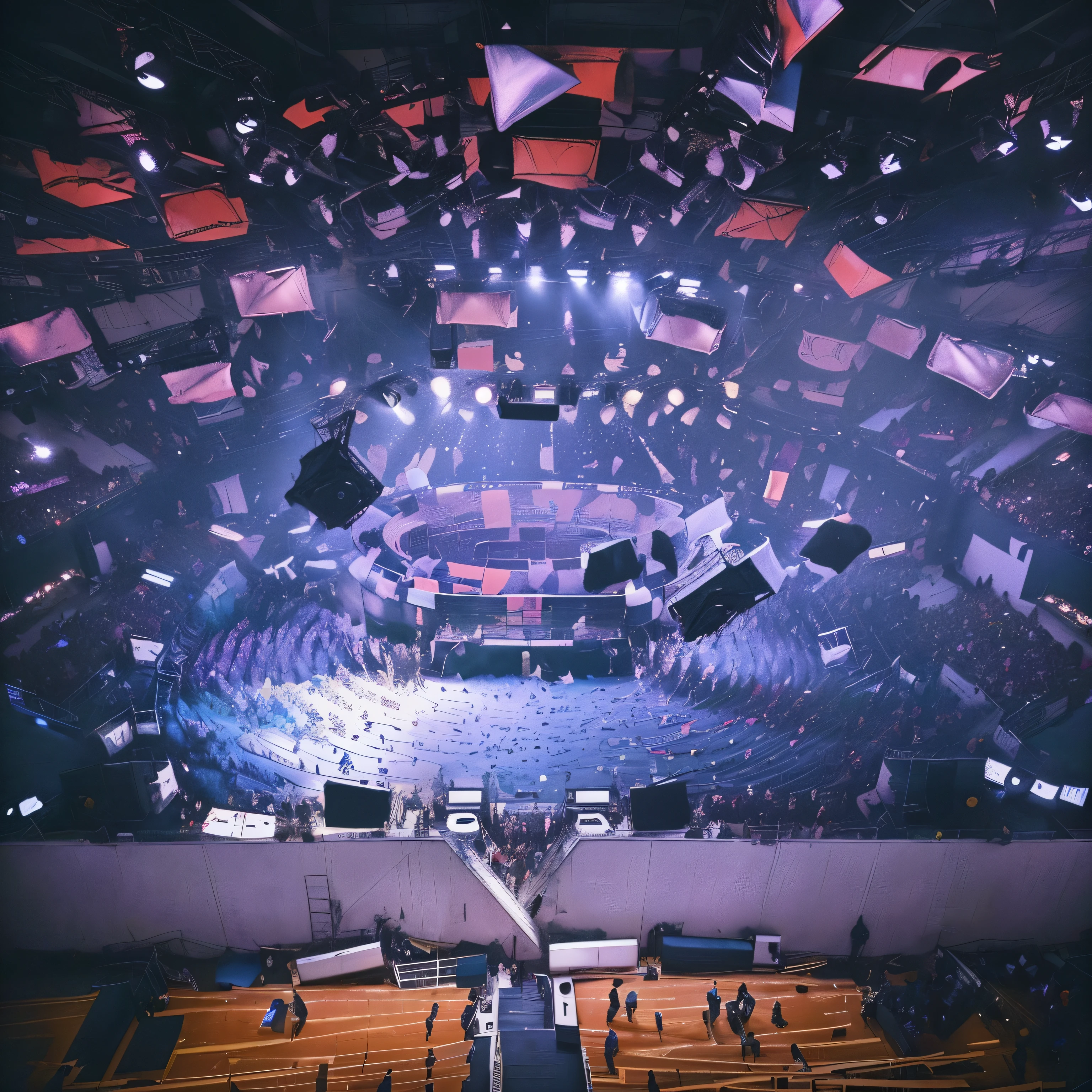 there are many people standing in a room with a large painting on the wall, on an empty stage from above, abstract Mosh Pit, circular well, wide shot from above, shot from above, Concert photo, Below is the crowd, [ aerial view of a table ]!!, Mosh Pit, photo from above, rave scene, shot in 35mm