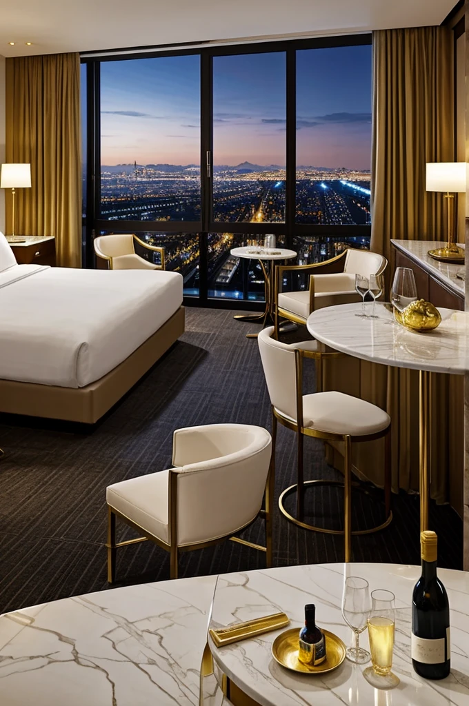 large room in a high hotel, with the city lights at night, a large white bed and a marble table with two glasses and a bottle of wine,with two white chairs with gold, a piano in the window and raining