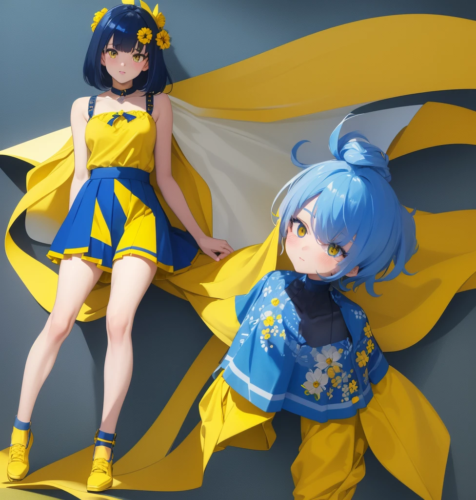 A CUTE GIRL, It is 7 heads tall, short blue hair, yellow eyes that stand out and shine, she is wearing a very small blue skirt (that does not hide its crotch) with yellow horizontal pattern, Under the skirt she has very tight and shiny shorts, they are also very dark blue., She is wearing a blouse that highlights her exuberant breasts., The blouse also has a yellow and blue pattern, He has a yellow ribbon on his head, In his right hand he carries a yellow flower, the background is white and nothing else, there is only one girl not two, highlight your hips, she is blushing, she only has two arms and two legs,