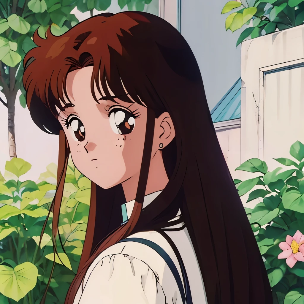 90s anime, girl, long brown hair, brown eyes, freckles, surrounded by nature, plants, flowers in her hair
