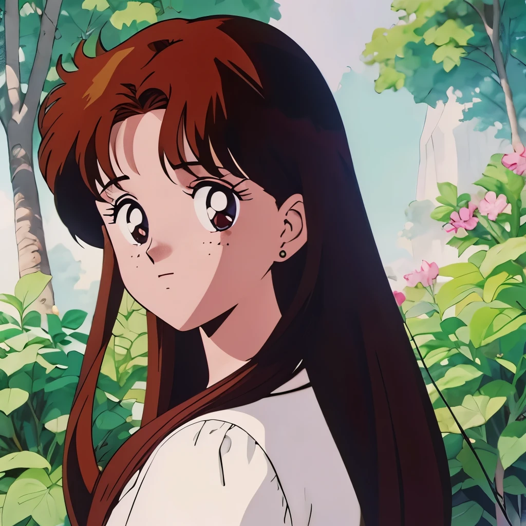90s anime, girl, long brown hair, brown eyes, freckles, surrounded by nature, plants, flowers in her hair