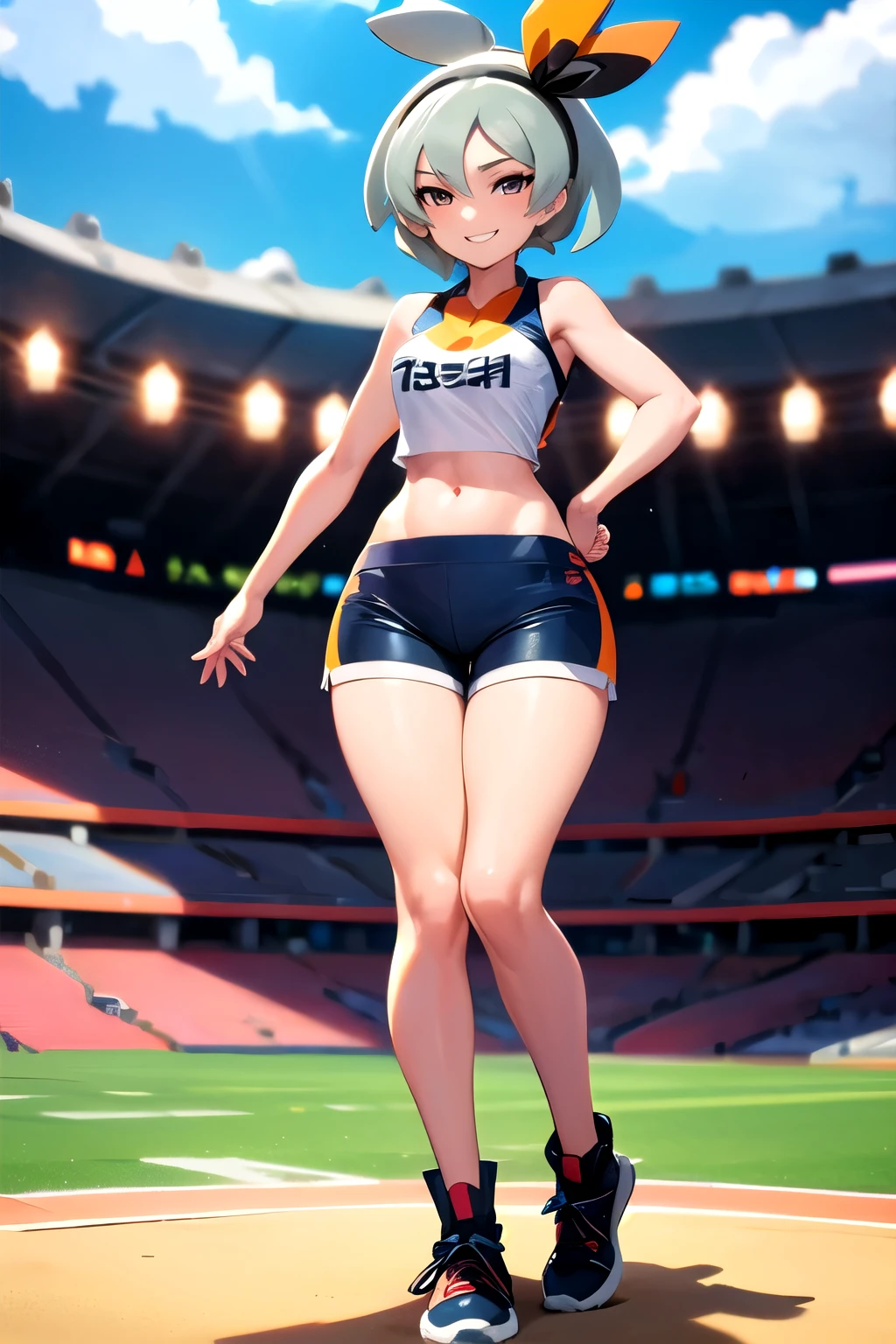 1girl, Bea from pokemon, shorts, stadium, detailed fingers, smiling, standing