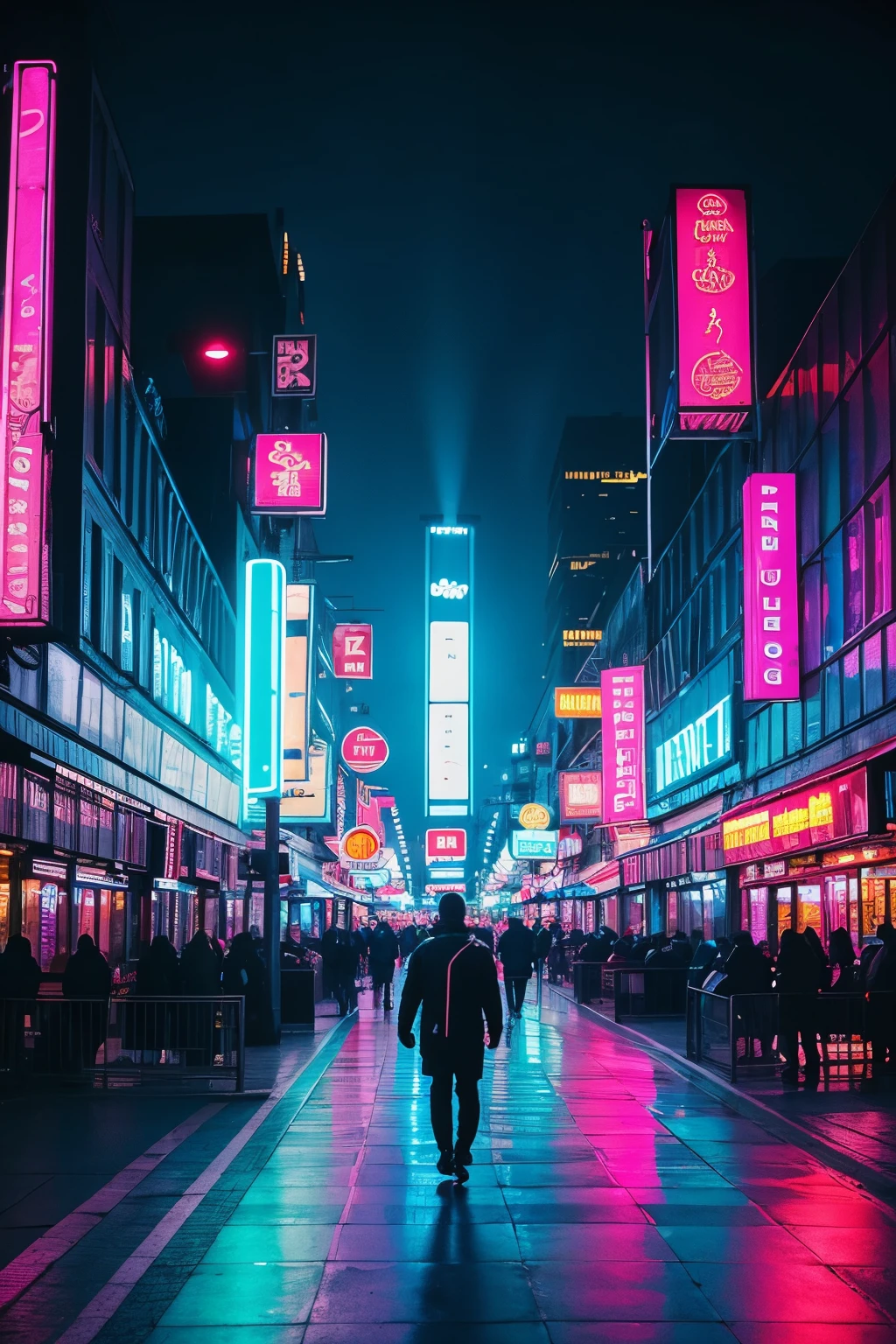 ((Best Quality)), ((Masterpiece)), (detailed), futuristic city, neon lights, ultra detailed, man walking through the city, blue and pink predominate