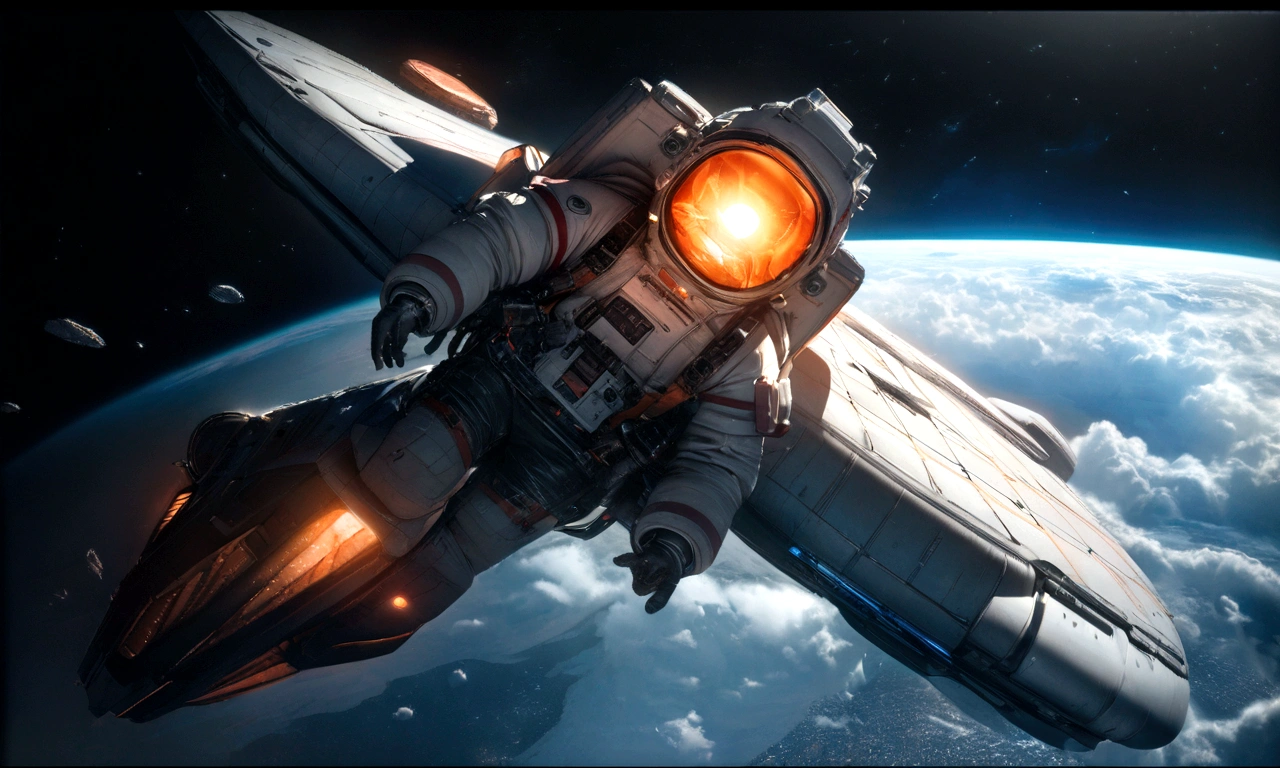 a female astronaut swimming in space, space colony, ultra-detailed, hyperrealistic, 8k, highly detailed, volumetric lighting, cinematic composition, dramatic lighting, realistic textures, vibrant colors, awe-inspiring, breathtaking, mesmerizing, otherworldly, futuristic, advanced technology, glowing spacecraft, floating debris, vast expanse of stars, ethereal atmosphere