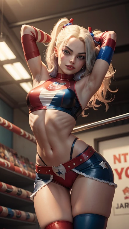 Margot Robbie, Harley Quinn, face paint red and blue, beautiful face, young girl face, bluish grey eyes, slim teens athletic body, small breasts A cup, toned thighs, cameltoe, big round ass, Harley Quinn outfit, head to toe, circus show in background, cartoon art style; huge grin on her face, bending over , back view