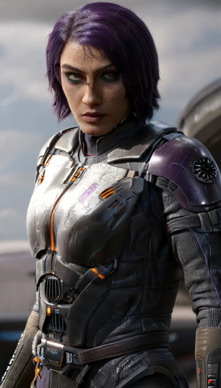 professional 3d model Cinematic scene, sabine wren, SILVER armor (HUGE BREASTS), Ghost in the Shell, detailed background, masterpiece, best quality, high quality, highres, absurdres . octane render, highly detailed, volumetric, dramatic lighting
