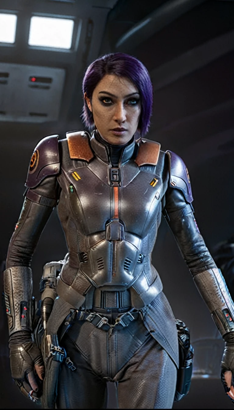 professional 3d model Cinematic scene, sabine wren, SILVER armor (HUGE BREASTS), Ghost in the Shell, detailed background, masterpiece, best quality, high quality, highres, absurdres . octane render, highly detailed, volumetric, dramatic lighting
