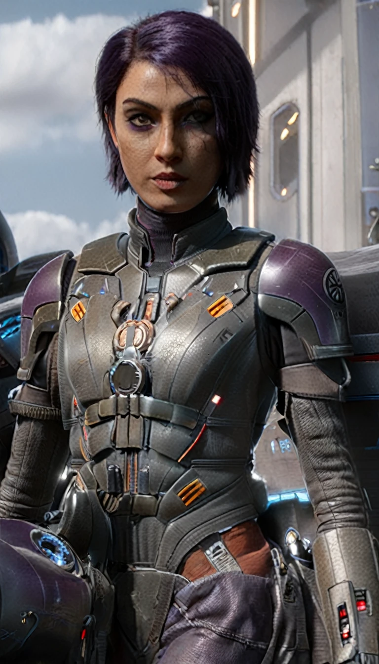 professional 3d model Cinematic scene, sabine wren, SILVER armor (HUGE BREASTS), Ghost in the Shell, detailed background, masterpiece, best quality, high quality, highres, absurdres . octane render, highly detailed, volumetric, dramatic lighting
