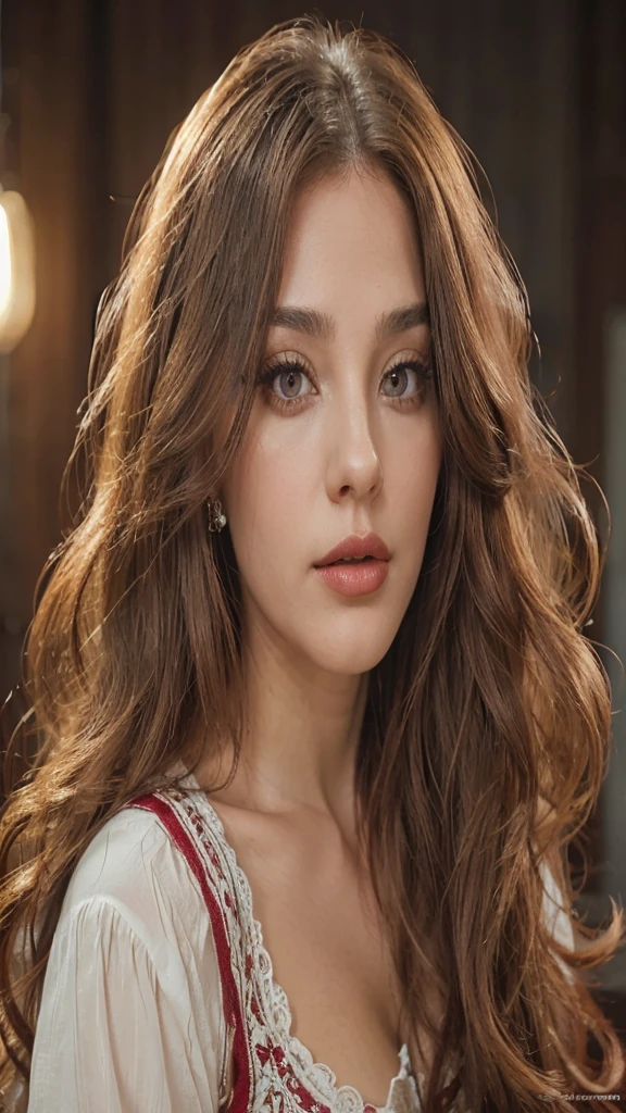 A woman with dark eyes, plump reddish lips