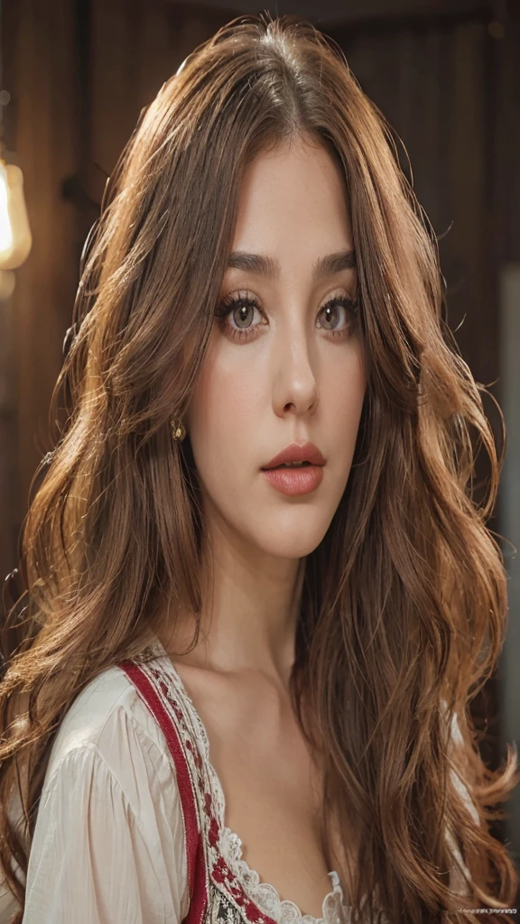 A woman with dark eyes, plump reddish lips