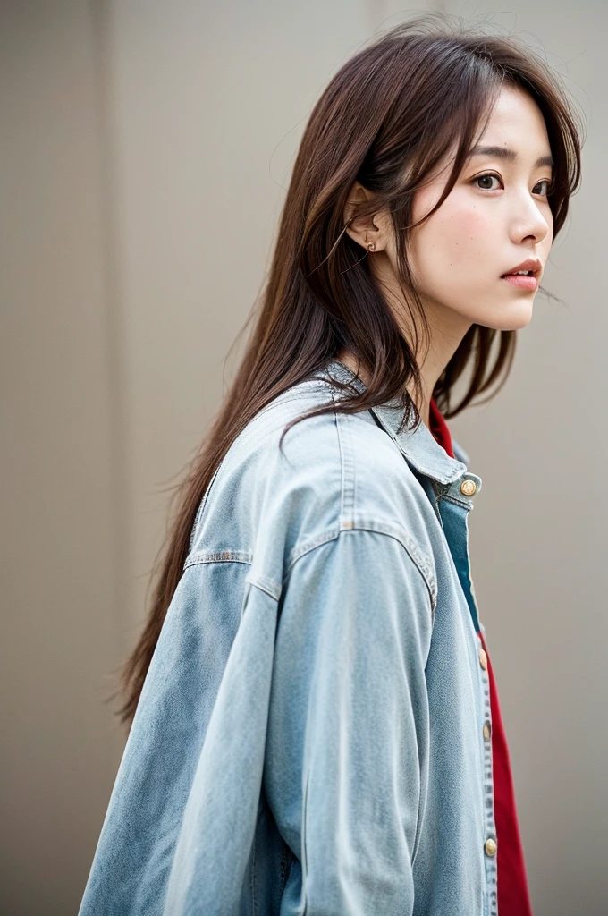 of the highest quality, 1 beautiful woman, age 28, S, 35mm lens, F/1, Cowboy Shot, Concrete background、Tile background、Medium straight hair、Riders Jacket　Shirt、Light red-brown hair、From Side、Realistic eyes