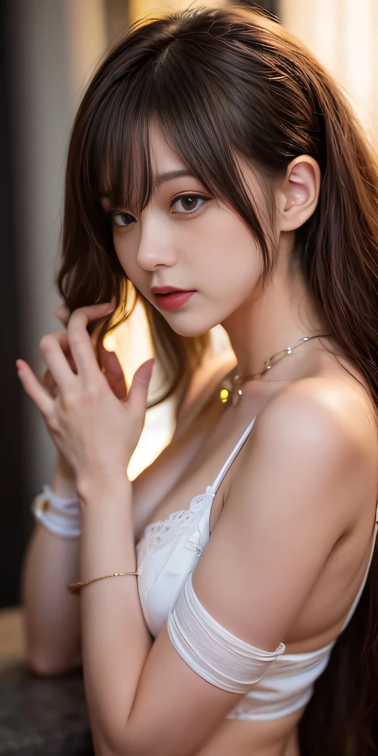 Canon RF85mmf/1.2,masterpiece,Highest quality,Ultra-high resolution,VC,1 Girl,(Korean mixed race,K-Pop Idols:1.2),alone,white_Shiny_skin,Iris,necklace,((brown_length_Wavy_hair)),((pink_Shiny_lips)),eyelash,前hair,make,compensate,Shiny,pore,skin texture,bracelet,{Off the shoulder,See-through:nipple,Small Breasts}