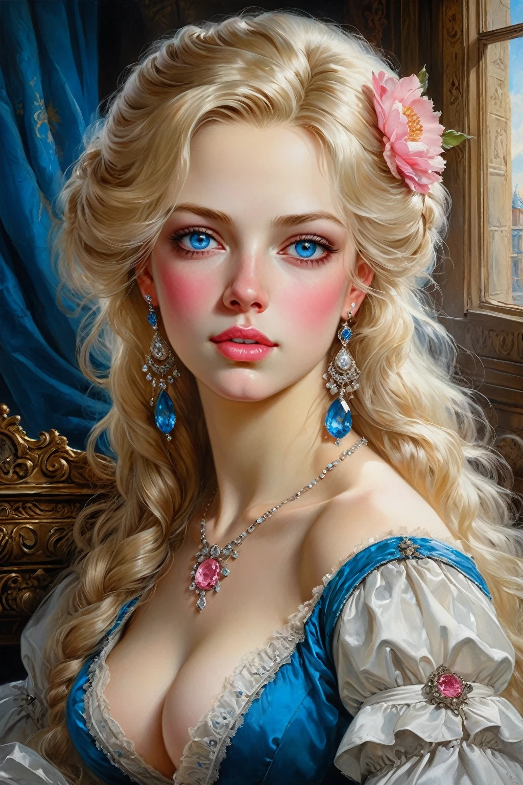 Victorian Hungarian women Women of the 18th century, very detailed Bright straight Blonde hair, Pink lips, very detailed Bright Diamond Blue eyes, Nice features, Wadim Kashin, James Gurney, ink, Splash Art, Amazing beauty, Royo, after sexing, Super detailed splash art modern European oil ink painting, Big Gorgeous chests, Gorgeous Body, oil painting, very detailed Brigth Diamond eyes, very detailed skin, Blush, Greg Rutowski.
