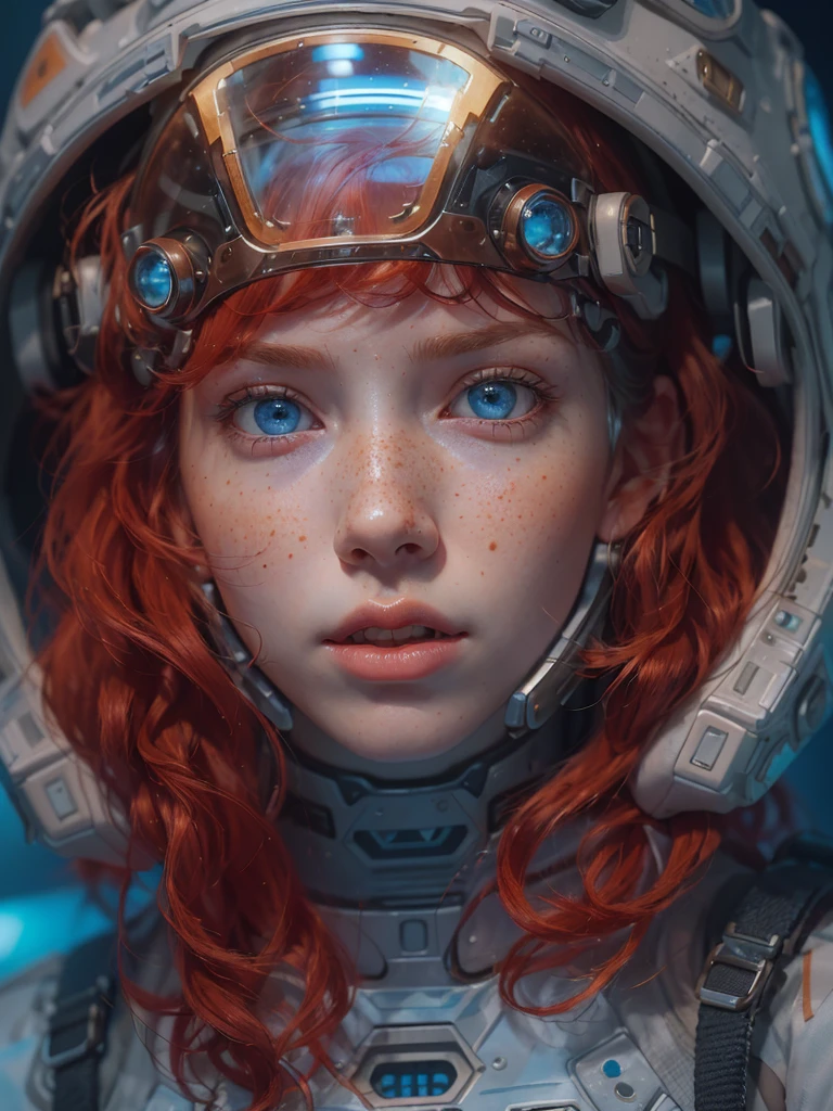 A female astronaut in a futuristic, high-tech spacesuit, with ginger/red hair, freckles, and a cute, detailed face with striking blue eyes, set against a dystopian sci-fi space background.
(ginger woman, astronauta, futuristic astronauta space suit, freckles:0.8, cute face, sci-fi, dystopian, detailed eyes, blue eyes, best quality,4k,8k,highres,masterpiece:1.2,ultra-detailed,realistic,photorealistic,photo-realistic:1.37,HDR,UHD,studio lighting,ultra-fine painting,sharp focus,physically-based rendering,extreme detail description,professional,vivid colors,bokeh)