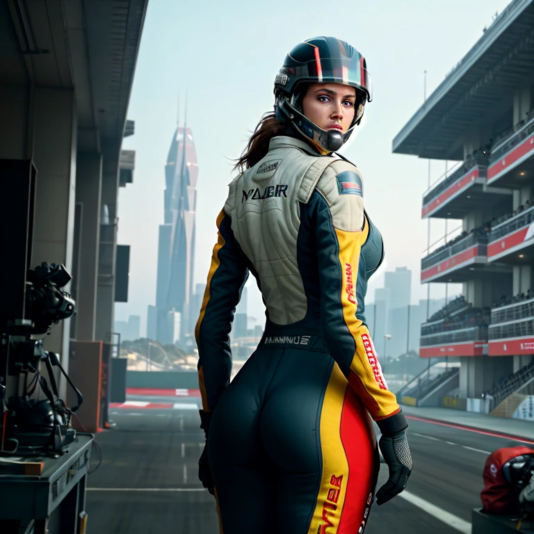 Masterpiece, highest quality, rear angle, Highly detailed photo of a (female race driver wearing red suit, helmet, with tinted face shield, HANS Device, accentuated booty), athletic body, big ass, [wide hips], (preparing for a race), on Spa track, (mountains:1.1), (exotic rain forest), lush vibrant foliage in red tons, (two F1 cars in the track:0.8), (hyperdetailed, intricately detailed), background by F1 wallpaper, (sci-fi racing), during the day, (lens flare:0.5), (bloom:0.6), particle effects, (cinematic lighting:1.1), sharp shadows, ambient light, [bioluminescente], raytracing, photographed on a Fujifilm X-S10 Mirrorless Camera, 25mm F2.8 ultra-wide-angle lens, sharp focus, Cinestill 800T, still frame from Rush 2013, 8k, HDR, from behind