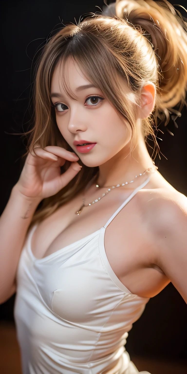 Canon RF85mmf/1.2,masterpiece,Highest quality,Ultra-high resolution,VC,1 Girl,(Korean mixed race,K-Pop Idols:1.2),alone,white_Shiny_skin,Iris,necklace,((brown_length_Wavy_hair)),((pink_Shiny_lips)),eyelash,前hair,make,compensate,Shiny,pore,skin texture,bracelet,{Off the shoulder,See-through:nipple,Small Breasts}
