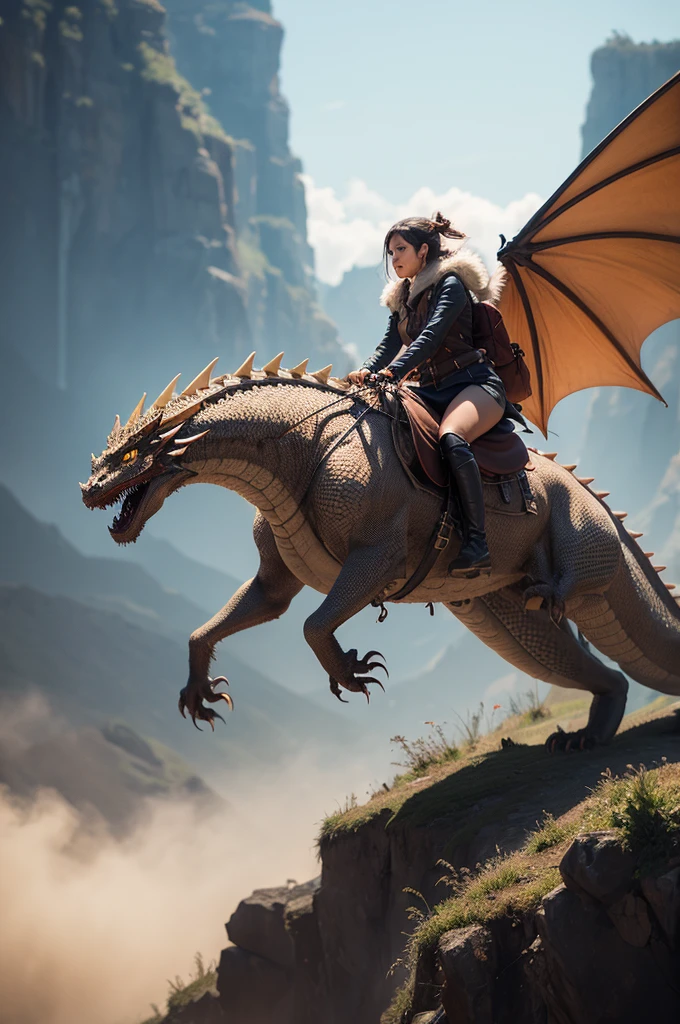 woman riding a dragon 
