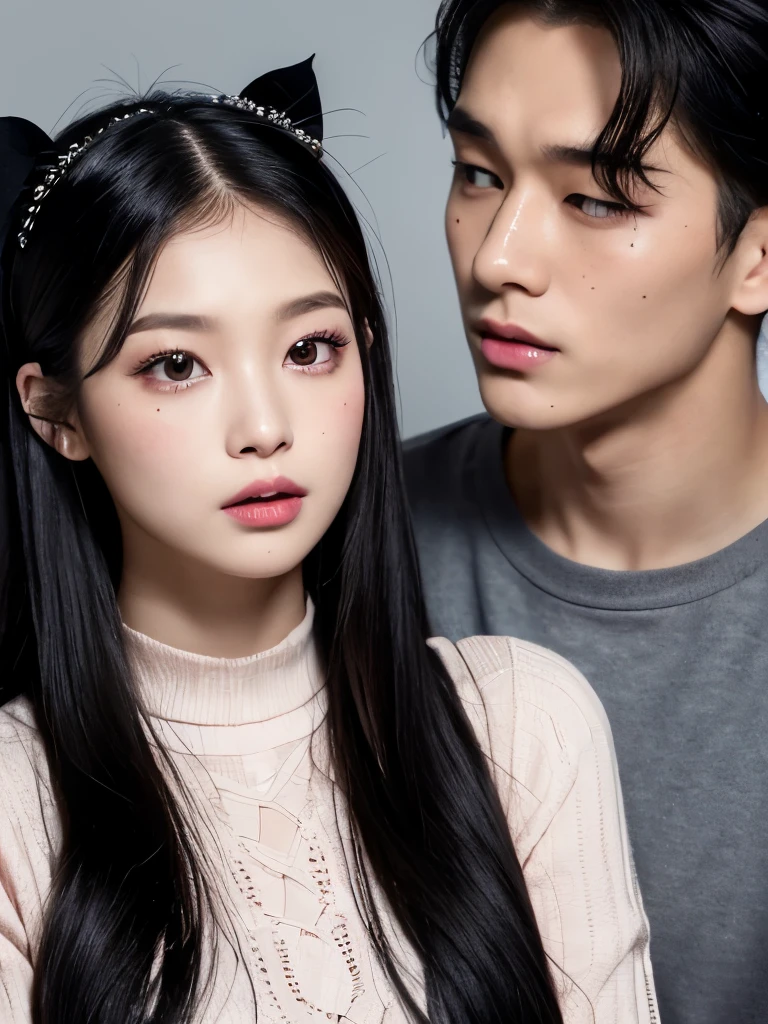 Kim Jennie with dark black hair, with curlers at the ends of dark black hair, with a star clip in her dark black hair, light colored eyes, pretty eyes, crying eyes, pretty, upturned nose, Pretty lips, pink lips, heart and cupid shaped lip, pretty skin, pale, White skin, with moles and freckles all over his face, soft pink blush on the cheeks, natural pink blush, dark and gothic makeup, Gothic Jennie, while she is with a cute boy by her side, with a cute asian boy standing next to her, while there is a man's torso, while the man'His hand is on his jaw.., beautiful man's hands, with a gothic boy, nice collars, marked collar, frown, angry look, with a kiss necklace, a pretty kiss necklace, while her nipples are noticeable (big breasts, soft breasts, nice breasts, natural breasts), with a white dress, short and transparent dress, with a white dress transparente muy sexy, lingerie style, low-cut dress, visible on the nipple, with a boy by his side, with her boyfriend, looking to the camera, autophoto