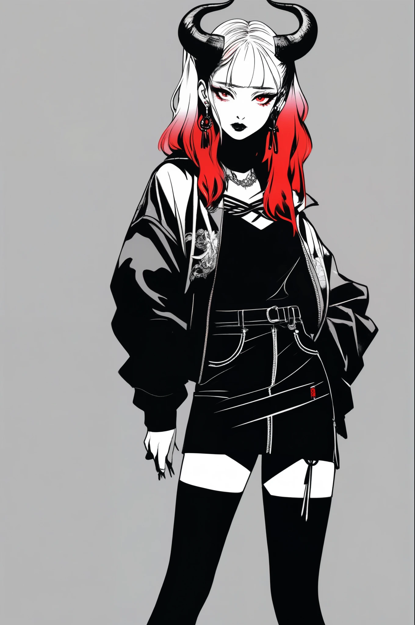 (best quality, sketch:1.2),realistic,illustrator,anime,1 girl with horns, detailed lips,custom, short skirt, black boots, black and red gradient background,neon hair,textured cropping, masterpiece, style retro classic, noir style , Japanese style, full body ((monochrome))