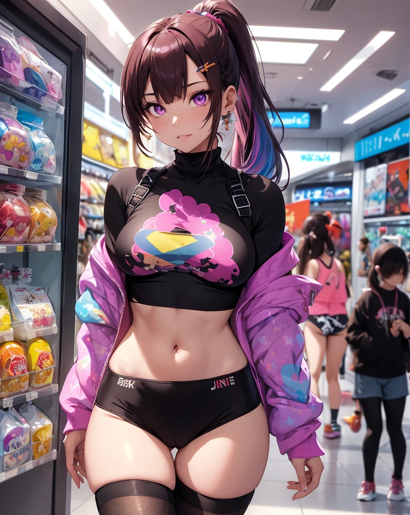 ((master part)), best quality, absurderes, ultra detaild, Holographic, cowboy shot, proportion Aurea, super cute girl, Madura, Idol girl, Super beautiful asian girl with very cute violet bright eyes, Beautiful multicolored bright brown hair, high ponytail, nice and sexy body, body skinny, perfectbody, wearing a super tight anime print knit, Anime Print Super Tight Off Shoulder Long Sleeve Crop Top, a super aesthetic mini transparent jacket, cute hair ornament, Pink Jordan Sneakers, being photographed in a mall store, pulling down shorts showing G-string panties, ((nsfw)), {{Lewd}}