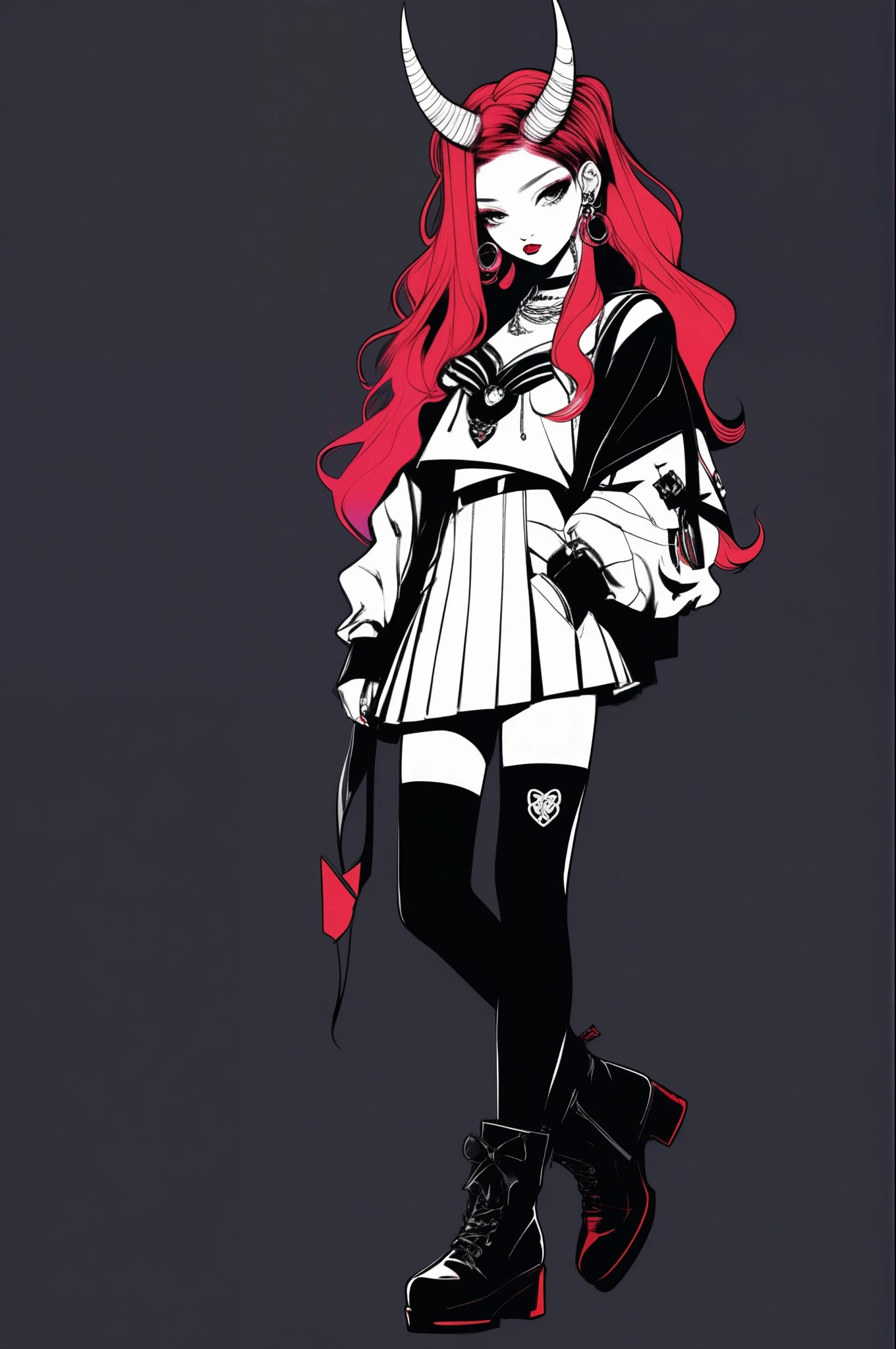 (best quality, sketch:1.2),realistic,illustrator,anime,1 girl with horns, detailed lips,custom, short skirt, black boots, black and red gradient background,neon hair,textured cropping, masterpiece, style retro classic, noir style , Japanese style, full body ((monochrome))