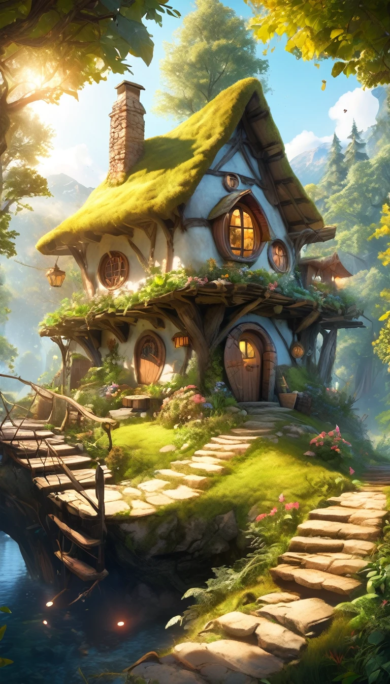 (Highest quality,4K,8K,High resolution,masterpiece:1.2),Super detailed,(Realistic,photoRealistic,photo-Realistic:1.37), Super wide angle view magical fairy village,Absurd, High resolution, Super detailed, Mysterious forest background, Enchanted Forest Environment, Realistic Style, Skilled artistry, Perfect composition, 4K resolution, Enchanting, Complex leaves, Speckled sunlight, Hidden Path, Quiet atmosphere,