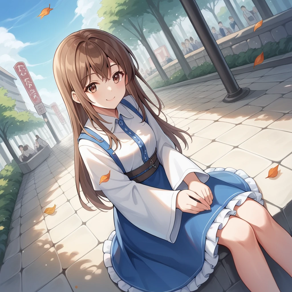 score_9, score_8_superior, score_7_superior, score_6_superior, score_5_superior, score_4_superior, sauce_anime, evaluation_Safety, Break Sanae Kochiya, One girl, Brown Hair, Long Hair, Brown eyes, Hair Tube, Collared shirt, White shirt, Removable sleeves, Wide sleeves, Blue Skirt, Frilled Skirt, smile, Dutch Angle, View your viewers, In-person audience, rock, Sitting,Streetscape, summer leaves, summer