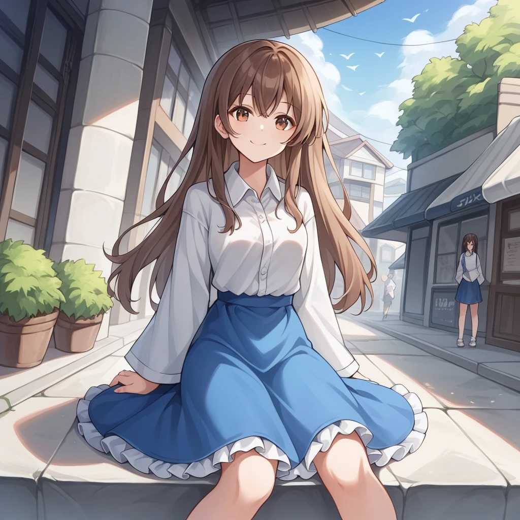 score_9, score_8_superior, score_7_superior, score_6_superior, score_5_superior, score_4_superior, sauce_anime, evaluation_Safety, Break Sanae Kochiya, One girl, Brown Hair, Long Hair, Brown eyes, Hair Tube, Collared shirt, White shirt, Removable sleeves, Wide sleeves, Blue Skirt, Frilled Skirt, smile, Dutch Angle, View your viewers, In-person audience, rock, Sitting,Streetscape, summer leaves, summer