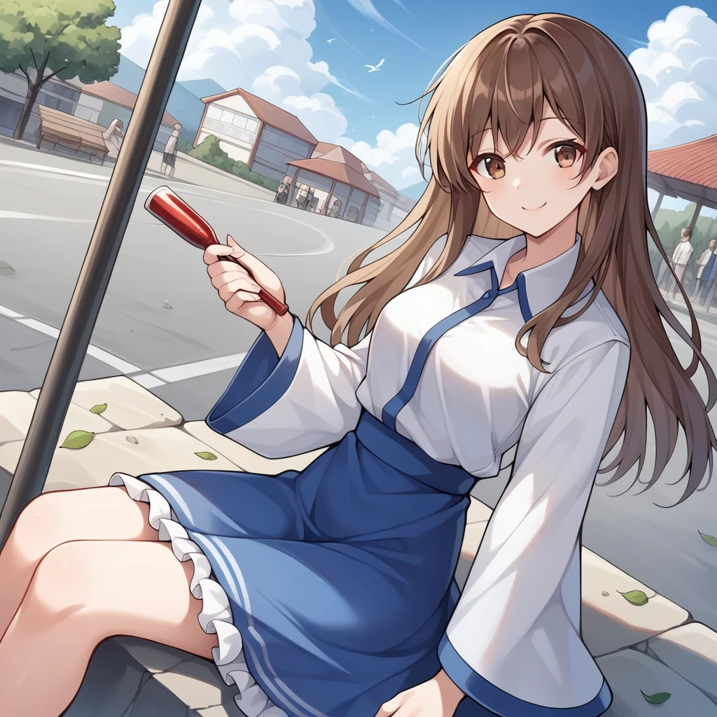 score_9, score_8_superior, score_7_superior, score_6_superior, score_5_superior, score_4_superior, sauce_anime, evaluation_Safety, Break Sanae Kochiya, One girl, Brown Hair, Long Hair, Brown eyes, Hair Tube, Collared shirt, White shirt, Removable sleeves, Wide sleeves, Blue Skirt, Frilled Skirt, smile, Dutch Angle, View your viewers, In-person audience, rock, Sitting,Streetscape, summer leaves, summer
