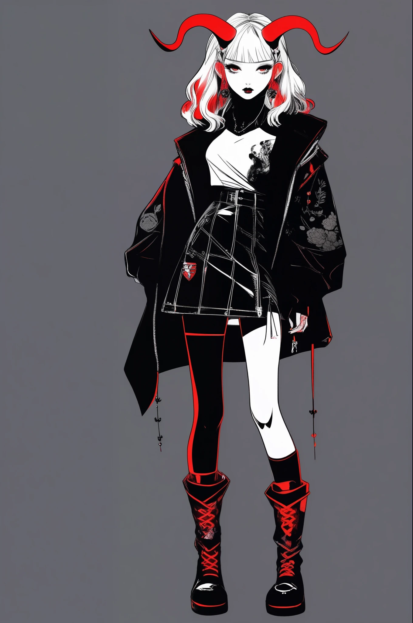 (best quality, sketch:1.2),realistic,illustrator,anime,1 girl with horns, detailed lips,custom, short skirt, black boots, black and red gradient background,neon hair,textured cropping, masterpiece, style retro classic, ???? style , Japanese style, full body ((monochrome))