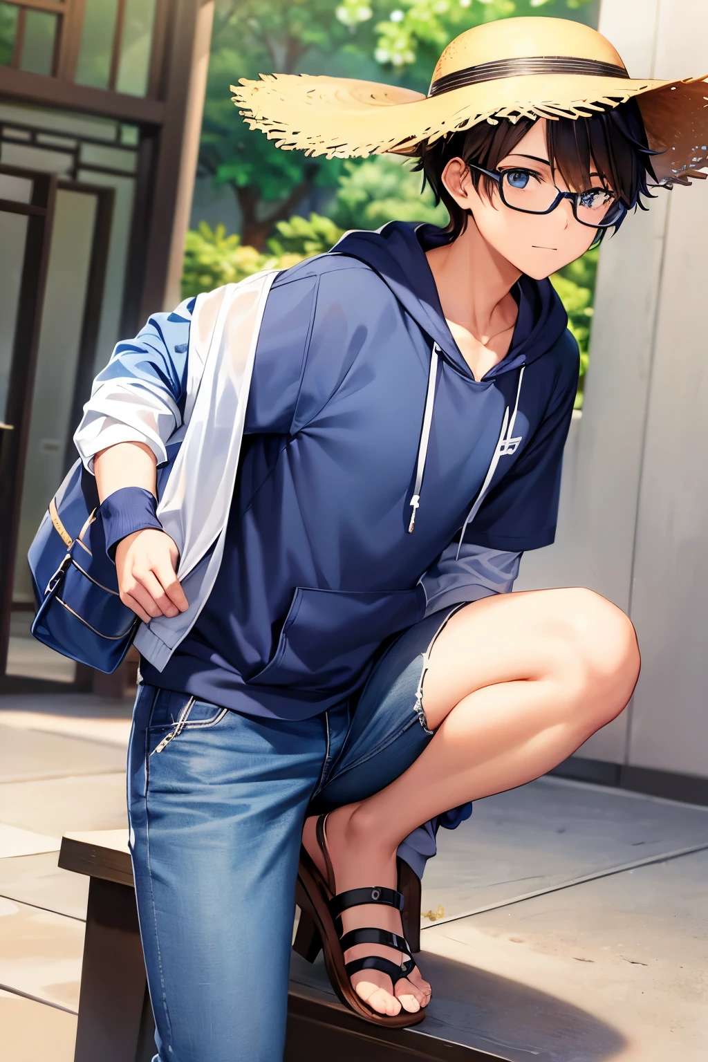 Draw a handsome middle school boy wearing glasses.。What to wear、In a straw hat、Navy blue hoodie、White T-shirt、Wear denim underneath、Wear sandals as shoes