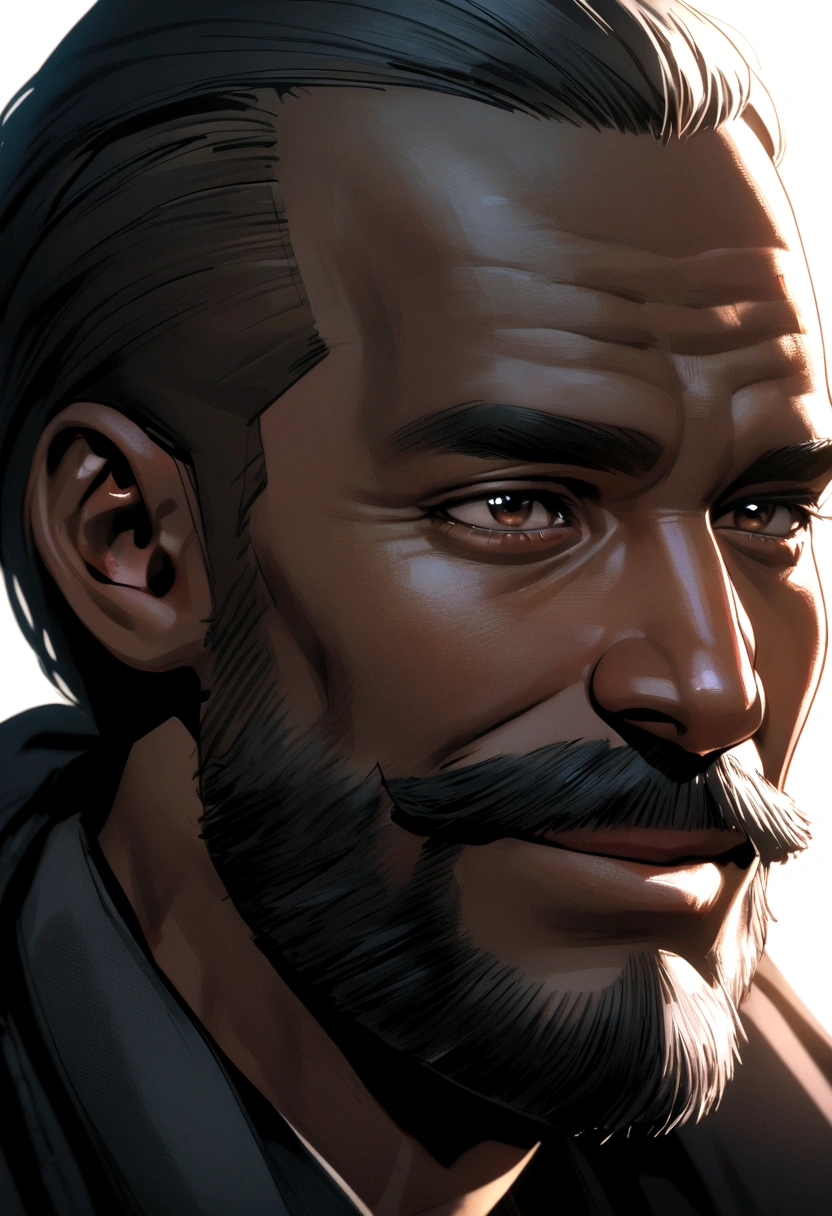 Black man, smiling, with a white background with a beard and thin mustache