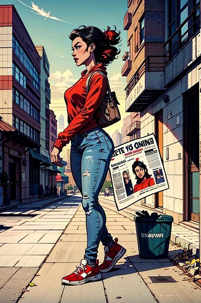 a boy, black hair, red sweatshirt, jeans, sneakers, walking, through the streets of New York, garbage cans, buildings, newspaper sheets on the floor, advertising posters, profile view, side view, wide shot, 16k, 8k, 1080P, HD, 4K, highres, best quality, anatomically correct, masterpiece, accurate