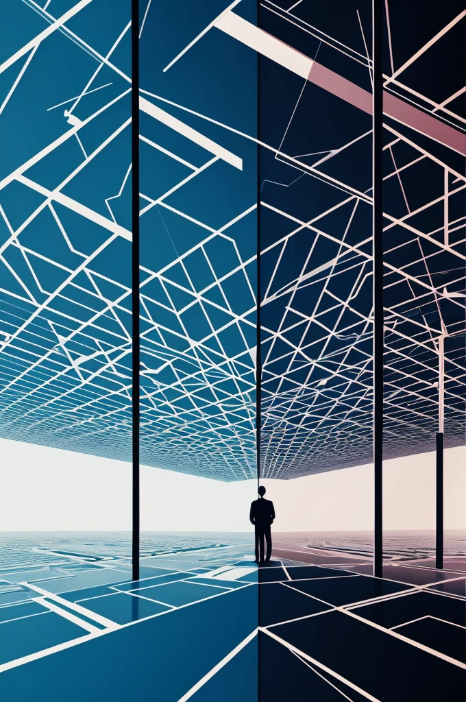 Representation of technology and humanity that are abstract and geometric, with two points of perspective