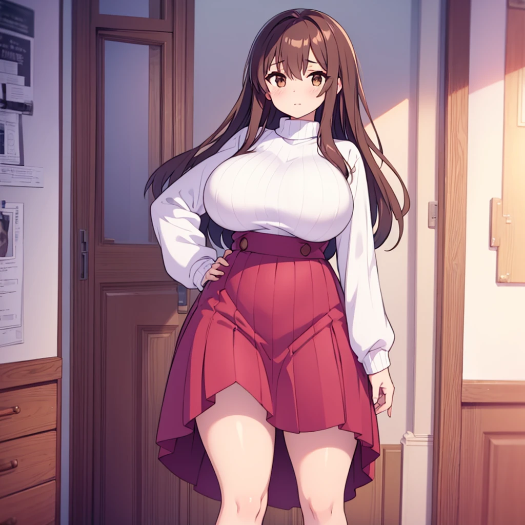 Highest quality, 1girl, solo, brown hair, long hair, brown eyes, gigantic breasts, thick thighs, riblackd sweater, back, standing, long skirt