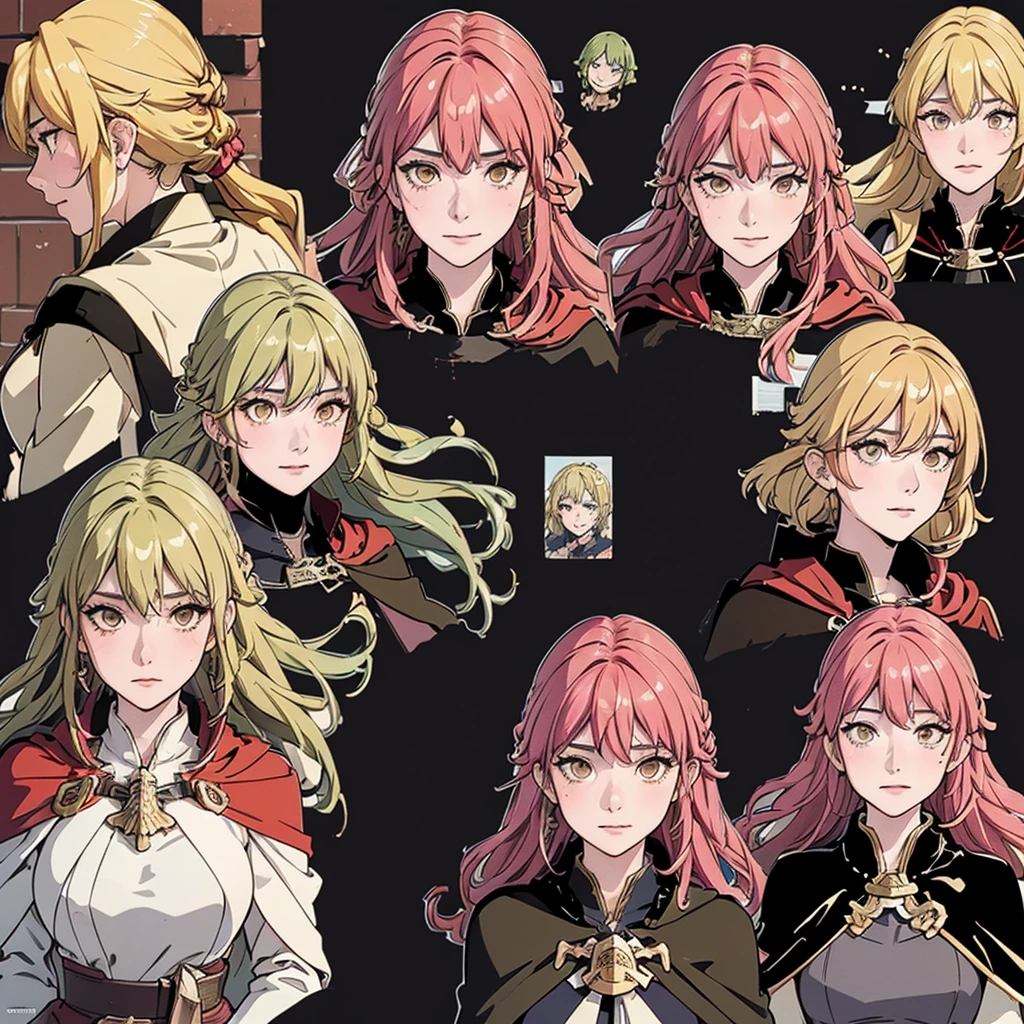 (masseuse piece,best qualityer,ultra detali), (A detailed face), ((character sheet:1.2)), blonde eyes,(hair green:1.1), (bob cuts), two tone hair,May,Black and red cloak, flat-chested, dagger decoration,((fire emblem)), 1 girl in, the same character,  (magazine:1.3), (cape style:1.3),(pink back ground),(Grinning)