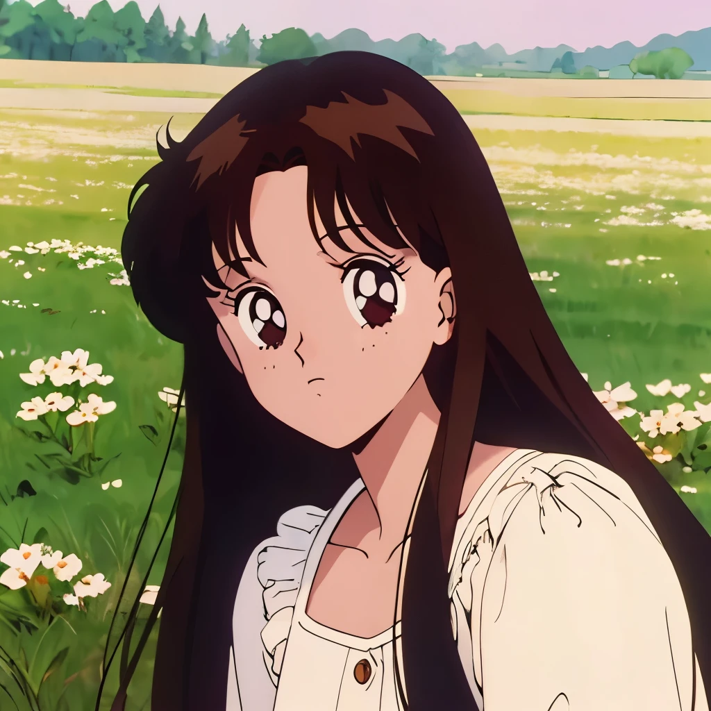 90s anime, girl, long brown hair, brown eyes, freckles, laying in a field of grass, some white flowers
