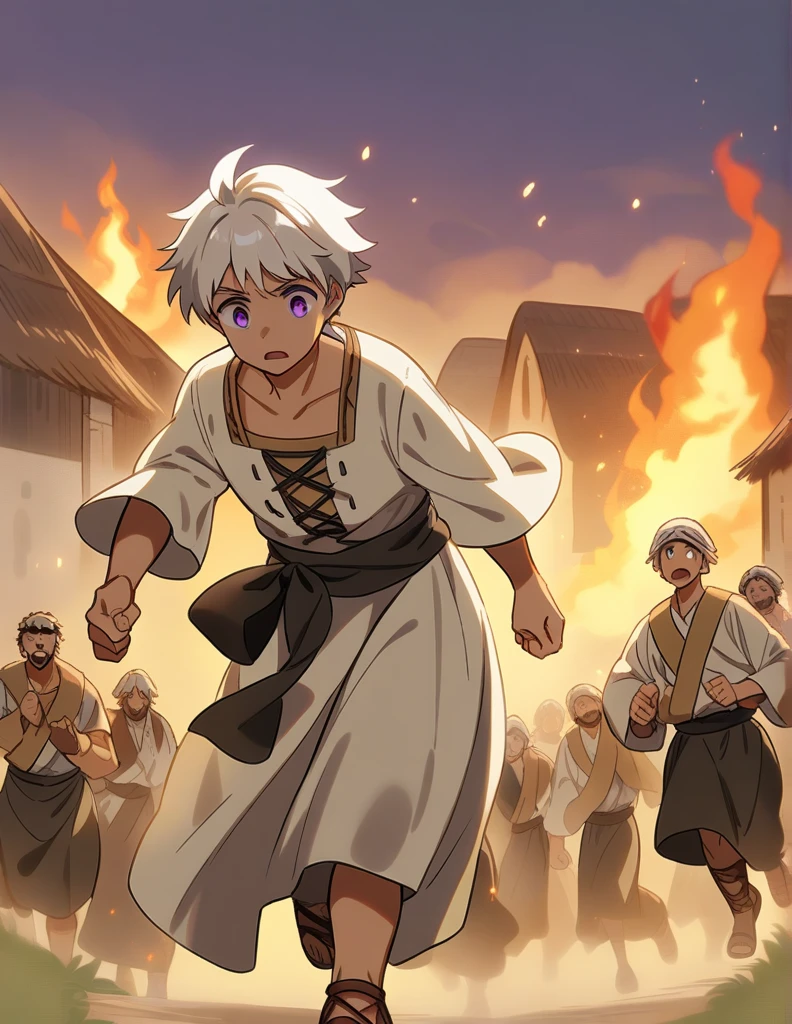 little Greek boy with white hair, violet eyes, wearing peasant clothes, desperate and running alone through his burning village