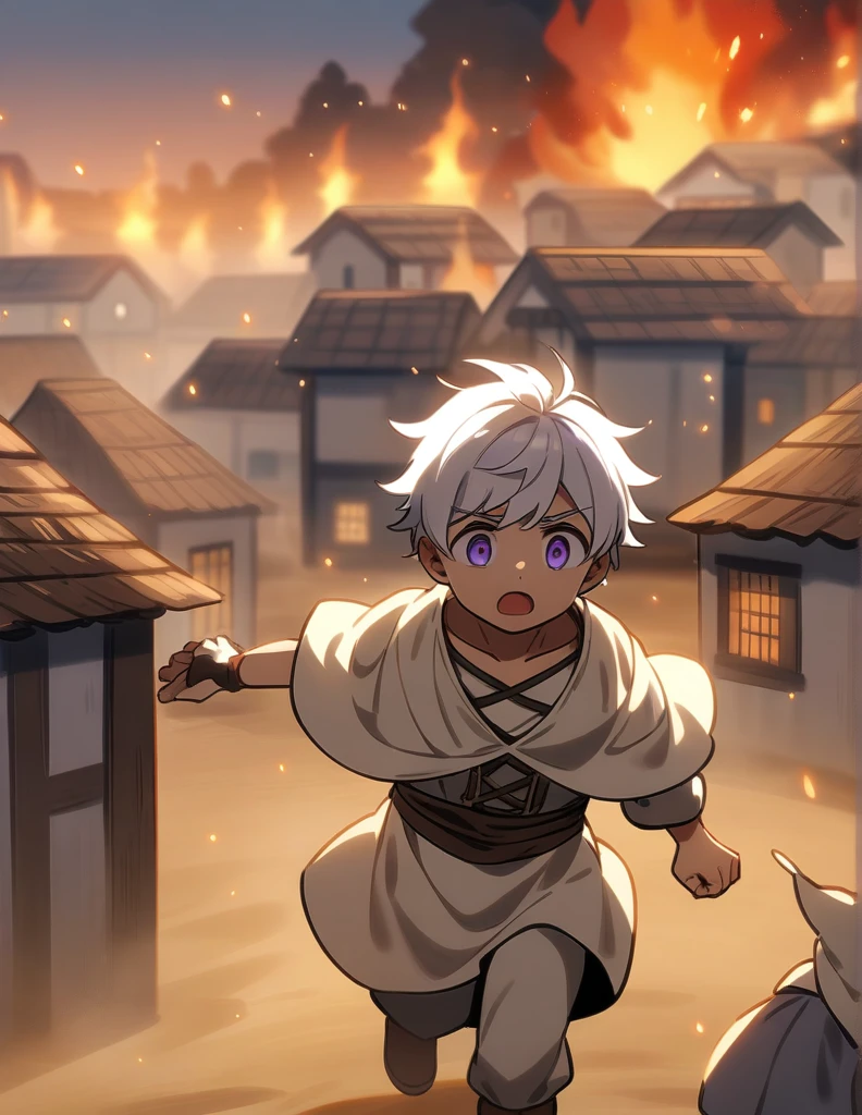 little Greek boy with white hair, violet eyes, wearing peasant clothes, desperate and running alone through his burning village