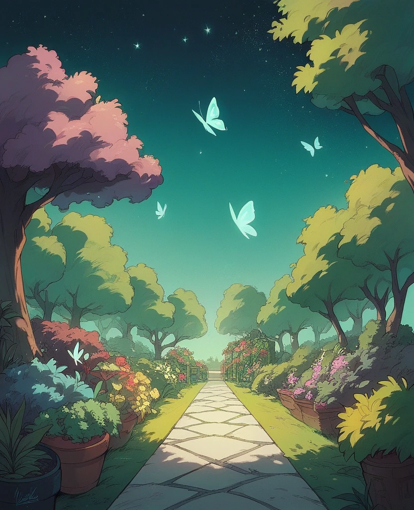 A garden in the night with butterfly's and stars, with dark and majestic ocean in the garden, a giant and dark green tree, in the front with the phrase engine paradoxx