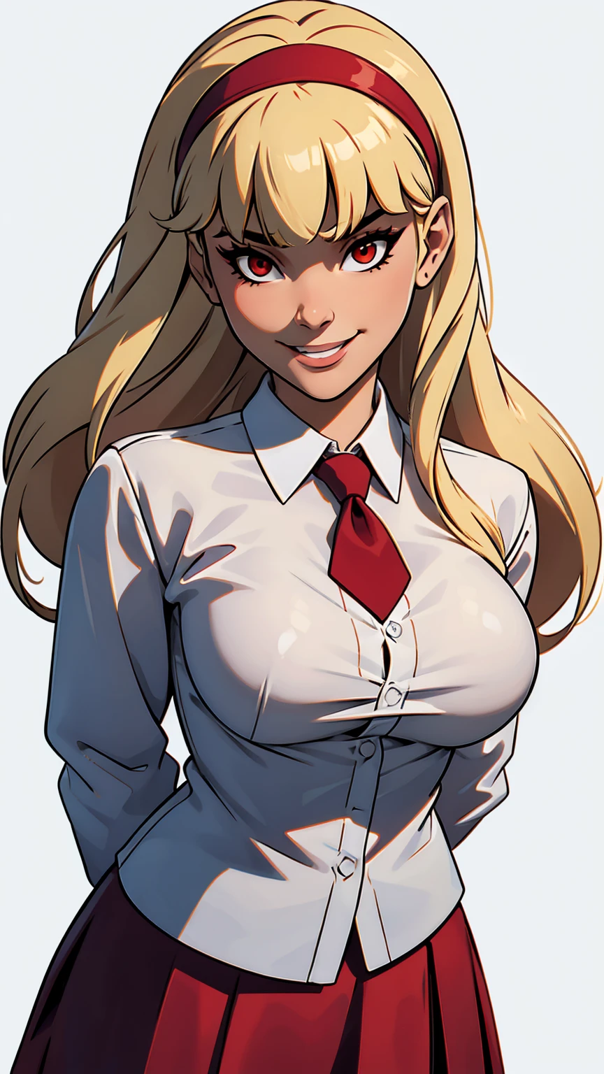 masterpiece, best quality, highres, , bangs, blunt_bangs, blonde_hair, long_hair, eyelashes, red_eyes, red_hairband, collared_shirt, formal,open neckline, school_uniform, long_sleeves, skirt, red_skirt, white_shirt, smiling,simple background,big breasts,cleavage,look at viewer,seams,portrait,nsfw