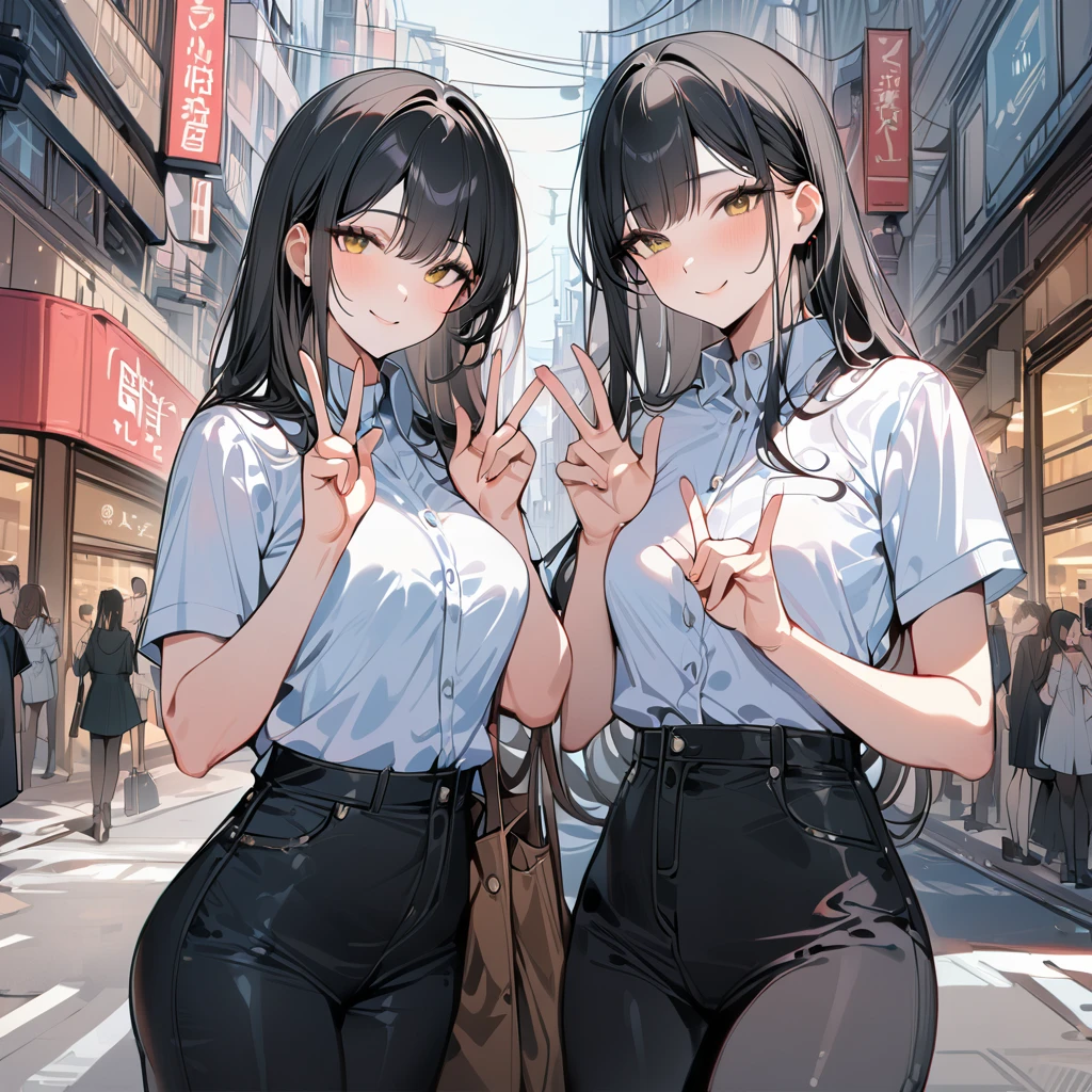 ((Highest quality, 8K, Masterpiece:1.3)), 2 students, A confident smile, talk, Peace sign gesture, Black Hair, city shopping street background, slacks, skirt, shirt, Detailed face, Fingers crafted to the smallest detail
