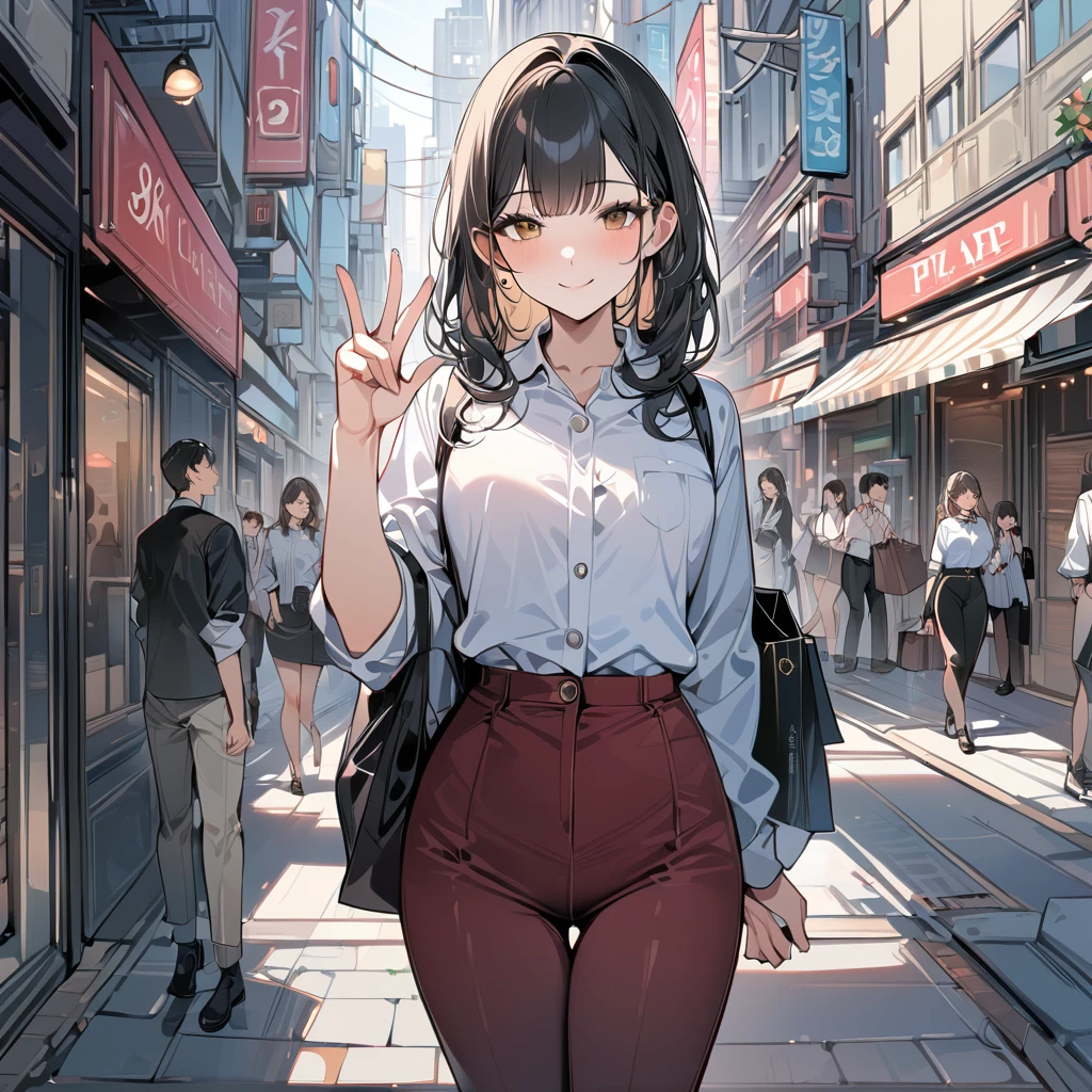 ((Highest quality, 8K, Masterpiece:1.3)), 2 students, A confident smile, talk, Peace sign gesture, Black Hair, city shopping street background, slacks, skirt, shirt, Detailed face, Fingers crafted to the smallest detail