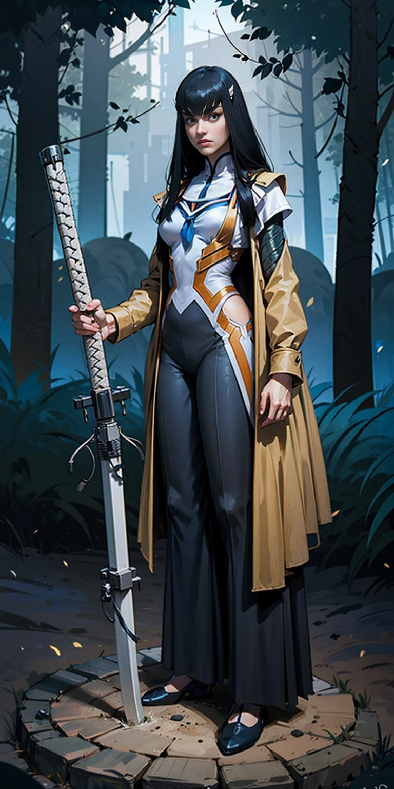 female Satsuki Kiryuin, Satsuki Kiryuin from Kill-la-Kill, mesh stockings, standing with a katana, full height, bottom view, best quality, very detailed, ultra 8k resolution, coat, vest, long skirt, portrait, full body, victorias clothing, long dress, knight, pants, black skinn suit, medieval city, plants, vest,polo shirt, forest, long skirt