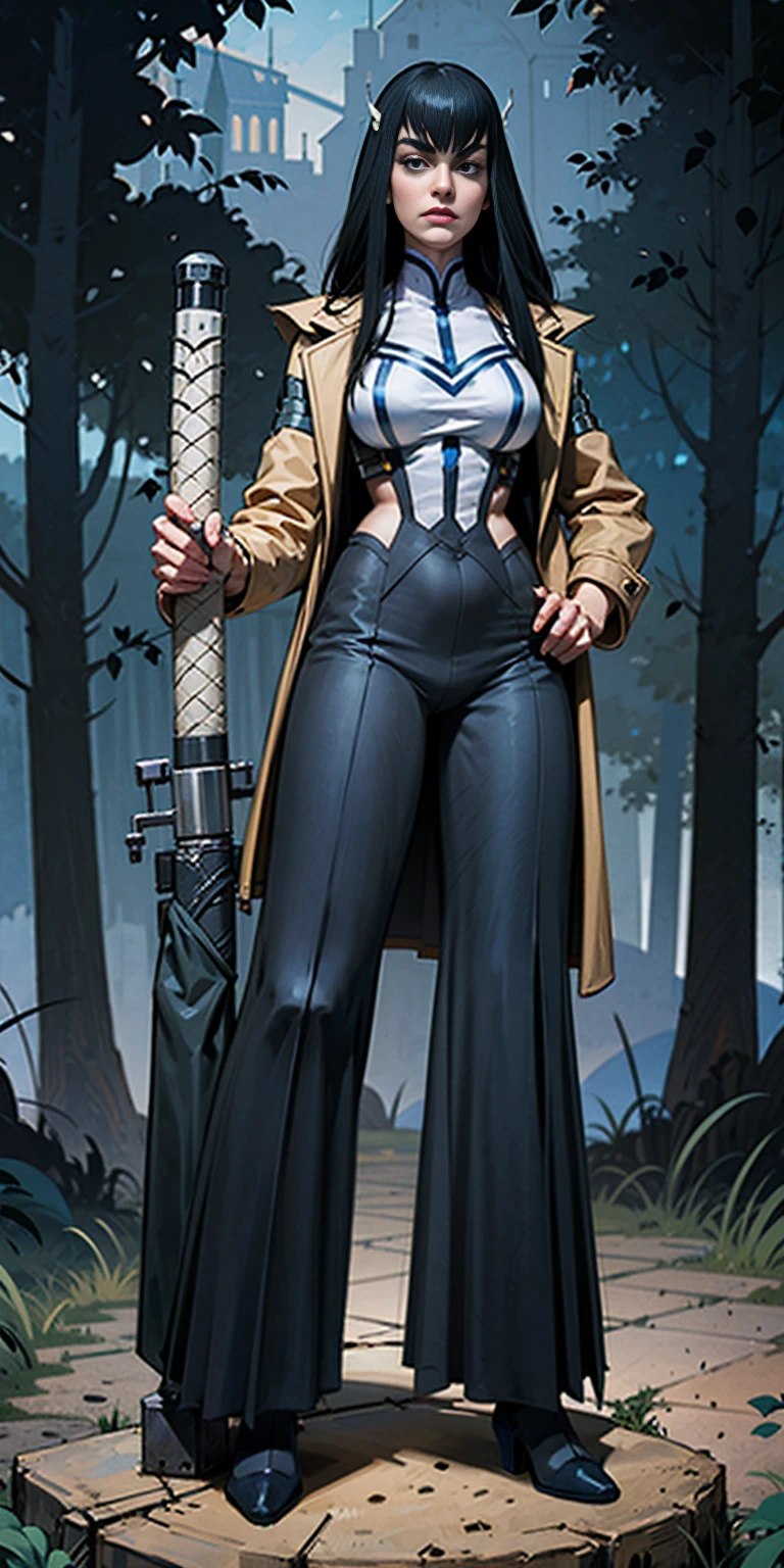 female Satsuki Kiryuin, Satsuki Kiryuin from Kill-la-Kill, mesh stockings, standing with a katana, full height, bottom view, best quality, very detailed, ultra 8k resolution, coat, vest, long skirt, portrait, full body, victorias clothing, long dress, knight, pants, black skinn suit, medieval city, plants, vest,polo shirt, forest, long skirt